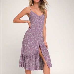 Lavender Floral Print Ruffled Tie-Back Midi Dress